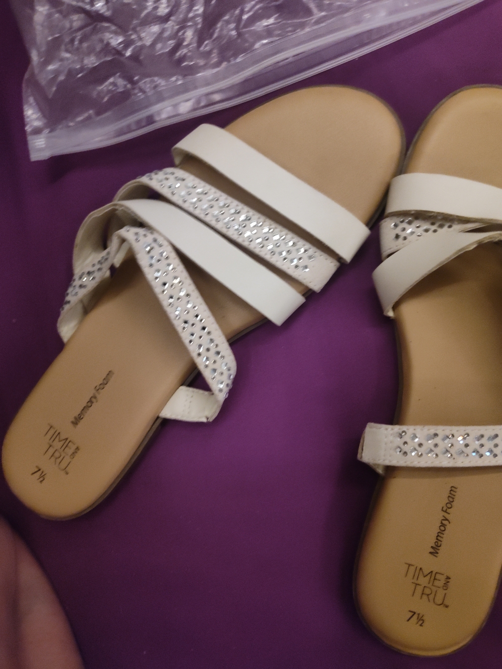Time and Tru Cream Rhinestone Strappy Slide Sandals